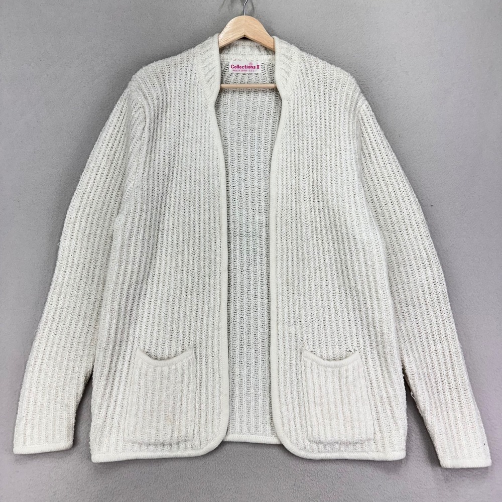 Vintage‎ Cardigan Sweater Womens L White Knit Open Front Pockets Cottagecore